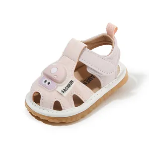 Pink baby first walker sandals with cartoon pig design and soft anti-slip rubber sole