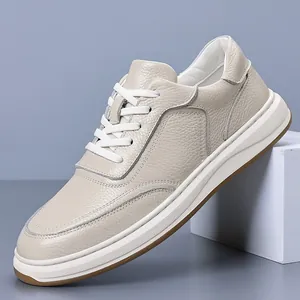 Men's Casual Genuine Leather Board Shoes Breathable Non-slip Flat Sneakers Off-White Black Grey Low Cut Daily Commuting Leather Shoes