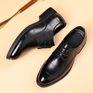 Classic black leather business dress shoes with crocodile texture for men's formal wear.