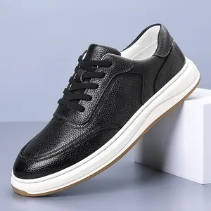 Premium black pebbled genuine leather men's casual sneakers with stylish white contrast sole