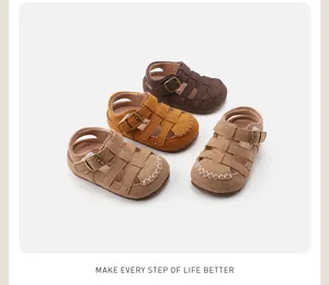 Four pairs of children's retro Roman sandals in earthy colors on white background