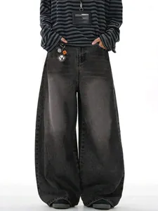 Pantalones Vaqueros de Hombre Retro American Street Pierna Ancha Vintage Lavado Negro Denim Sueltos Baggy Streetwear Casual para Hombre