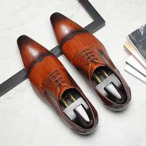 Λεπτομερής κορυφαία άποψη δερμάτινων brogue παπουτσιών με ξύλινα καλαπόδια παπουτσιών