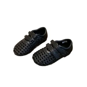 Elegant black breathable woven mesh Mary Jane shoes with double velcro straps for spring