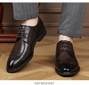 Detailed view of men's dark brown brogue oxfords for business and weddings.