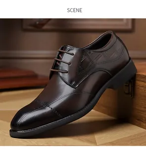 Side view of elegant brown leather brogue shoes for men's formal business wear.