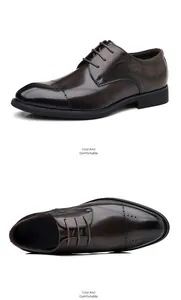Detailed views of men's brown brogue dress shoes showing side and top perspective
