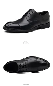 Dual angle detail view of classic black leather men's brogue dress shoes for formal wear
