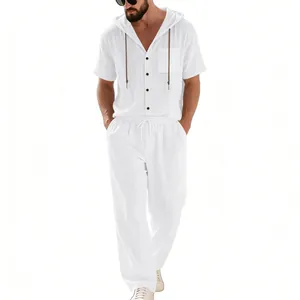 Men's white linen summer set with short-sleeved hooded shirt and matching trousers