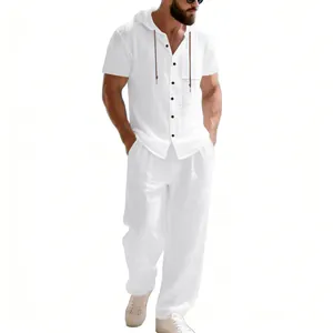 Men's white linen two-piece set featuring hooded short sleeve shirt and loose beach trousers