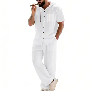 Close-up detail of men's white breathable linen set with hooded shirt and trousers.