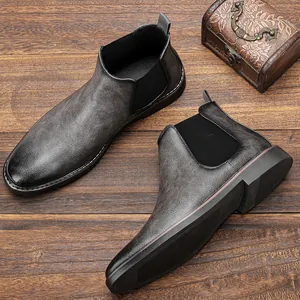 Bottines Chelsea vintage en cuir brossé gris pour hommes avec panneaux élastiques