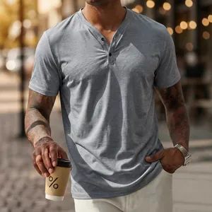 T-Shirt Décontracté à Col Henley pour Hommes Manches Courtes Couleur Unie Respirant Mode Urbaine Sport Plein Air Été