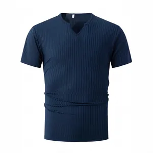 T-shirt uomo scollo a V blu navy in tessuto a costine elasticizzato e traspirante estivo.