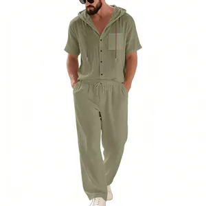 Detailed view of men's summer linen hooded shirt and breathable long pants set