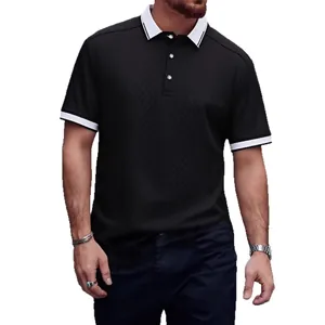 Polo noir classique à manches courtes pour homme avec col contrasté blanc et texture jacquard