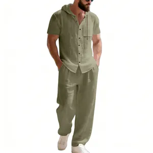 Comfortable men's summer linen set featuring hooded short sleeve shirt and loose trousers.