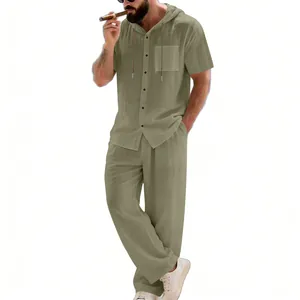 Men's loose olive green linen set featuring a hooded short sleeve shirt and long pants