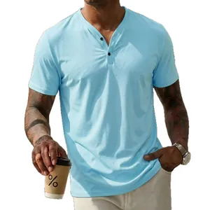 T-shirt Henley pour homme bleu clair respirant pour un style d'été décontracté