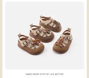 Detailed macro view of toddlers' non-slip sandals featuring cute cartoon bear decorations
