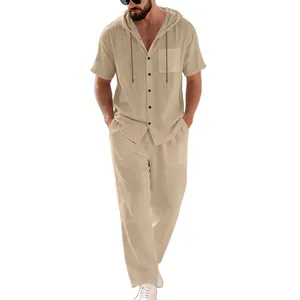 Front view of men's linen beach suit with hooded short sleeve shirt and loose pants