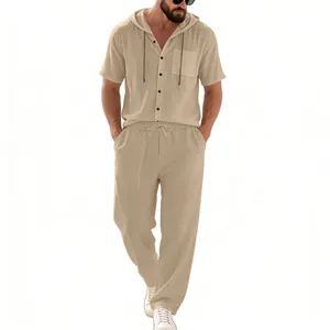 Casual summer men's linen hooded shirt and trousers set in beige for beach vacation wear