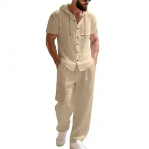 Men's casual beige linen two-piece set featuring a hooded short sleeve shirt and trousers.