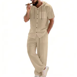 Men's casual beige linen two-piece set featuring a hooded shirt and loose trousers.