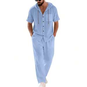 Men's blue linen hooded short sleeve shirt and long pants set for summer beach