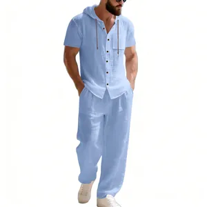 Men's casual light blue linen hooded short-sleeve shirt and trousers summer beach set