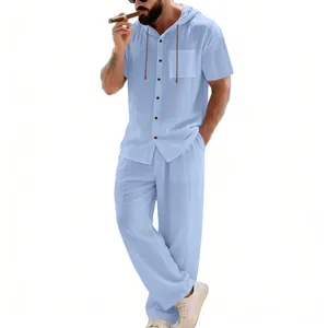 Men's light blue breathable linen summer set with short sleeve hooded shirt and pants