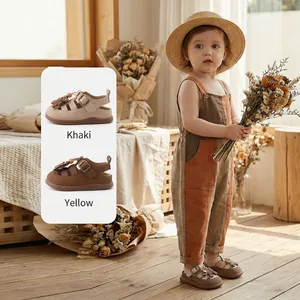 Toddler girls' soft-sole cartoon Roman sandals in khaki and yellow colors for beach