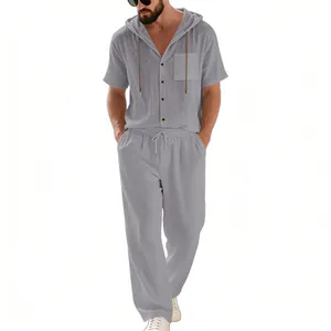 Men's casual grey linen hooded short sleeve shirt and long pants two-piece beach set