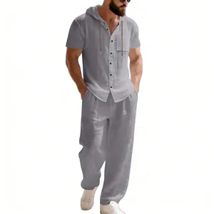 Men's summer linen two-piece set featuring hooded short sleeve shirt and loose trousers