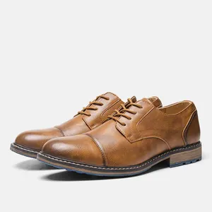 Detailed side view of premium vintage brown men's oxford shoes with a classic cap toe