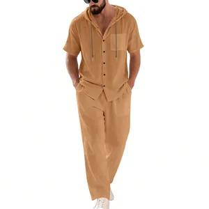 Men's breathable summer linen-blend two-piece set with hooded short-sleeve shirt and long pants