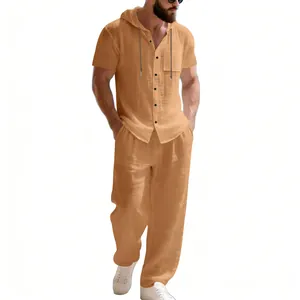 Men's casual linen-textured two-piece set with hooded short-sleeve shirt and loose pants