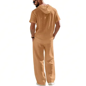 Back view of a men's summer linen set with short-sleeved hoodie and loose pants