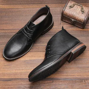 Classic men's vintage black leather desert boots with stylish lace-up design for casual wear