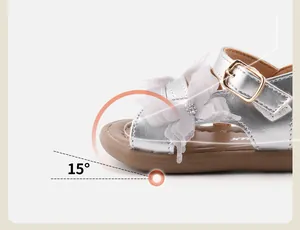 Close-up detail of silver girl's sandal featuring 15 degree toe spring for safety