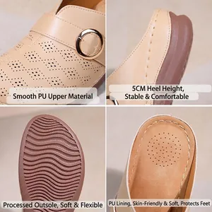Comfortable beige PU leather wedge sandals for women with buckle and perforations