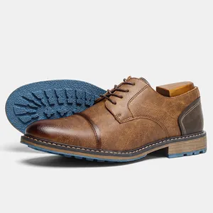 Vintage brown men's casual leather shoes with contrasting blue anti-slip outsole