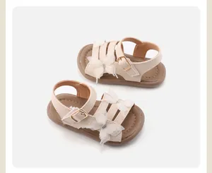 Detailed view of beige toddler girl sandals with elegant lace butterfly and buckle.