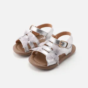 Elegant silver metallic girl's princess sandals with delicate lace butterfly decoration