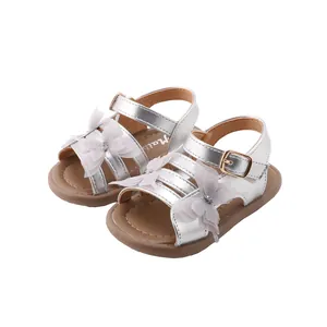 Shiny silver baby girl sandals with lace butterflies and non-slip soles for summer outdoor
