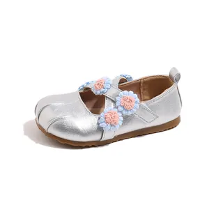 Silver girls Mary Jane princess shoes with colorful floral cross straps and soft soles