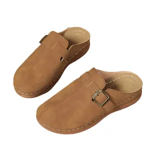 Stylish brown wedge mules for women featuring closed-toe design and metal buckle detail