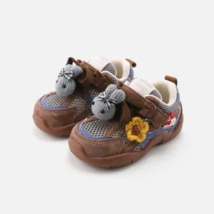 Toddler soft sole sports shoes with grey mesh and cute knitted bunny decoration