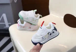 Breathable mesh panda toddler walking shoes with soft soles and cute cartoon design