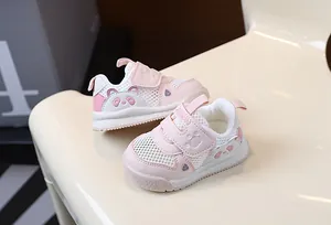 Breathable pink mesh baby sneakers with cute panda design and flexible soft sole